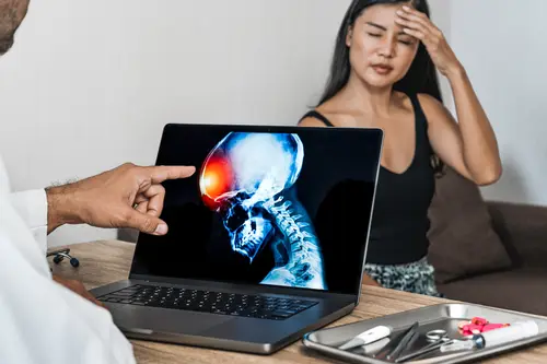 Doctor Showing Woman X-Ray of Traumatic Brain Injury