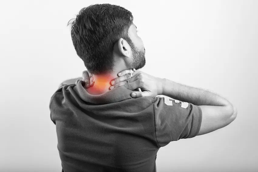 Medical diagram showing cervical spine soft tissue injury caused by whiplash in a car accident
