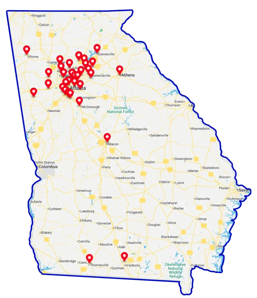Map of Georgia with pins for each Hurt 911® injury center location